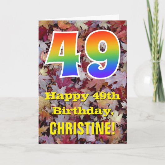 49e verjaardag; rustieke herfstbladeren; regenboog kaart (Voorkant)
