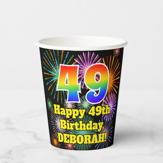 49e verjaardag: Vuurwerk Fun Pattern + Regenboog 4 Papieren Bekers (Achterkant)