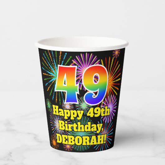 49e verjaardag: Vuurwerk Fun Pattern + Regenboog 4 Papieren Bekers (Voorkant)