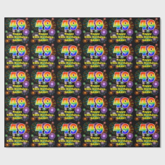 49e verjaardag: vuurwerk, regenboogblik # "49" cadeaupapier (Vlak)
