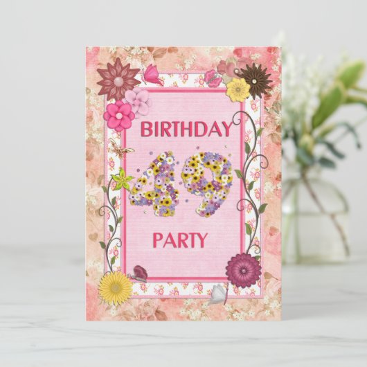 49e verjaardagsfeestje met bloemenfeest lijst kaart (Staand voorkant)