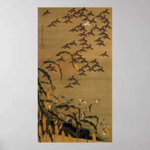 4. 秋 群 図, 若 冲 Sparrows, Jakuchu Poster