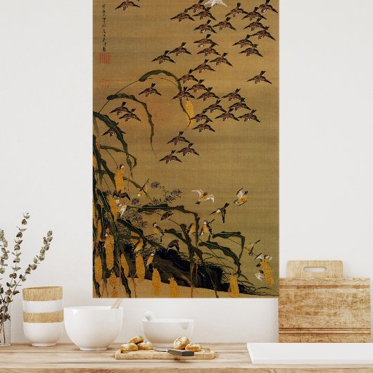 4. 秋 群 図, 若 冲 Sparrows, Jakuchu Poster (Keuken)