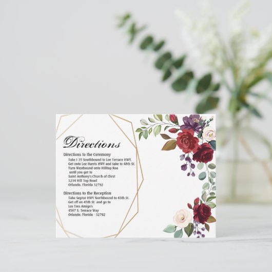 4.25x5.5 Carte de direction Roses blanches or géom (Debout devant)