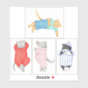 4 CHATS EN PYJAMA 6"X6" Autocollant vinyle