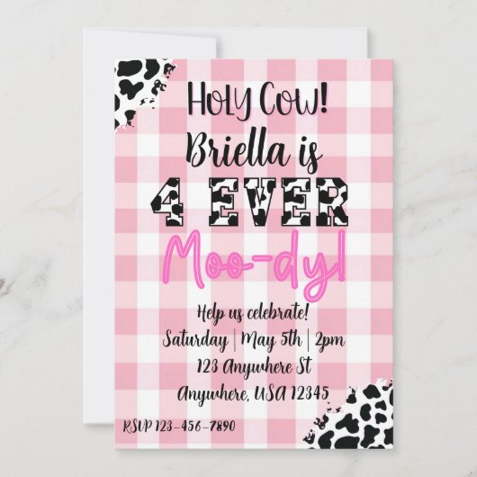 4 Ever Moody Cow Fourth Birthday Invitation (Devant)