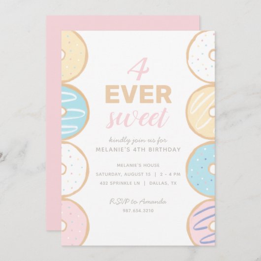 4 Ever Sweet Pastel Donut Invitation de fête d'ann (Devant / Derrière)