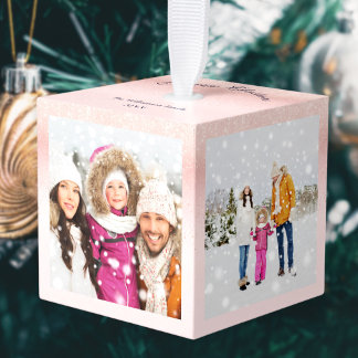 4 Familie Foto's Prettig Kerstmis Aandenken Roze Kubus Ornament