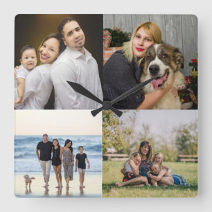 4 familiefotocollage op maat vierkante klok