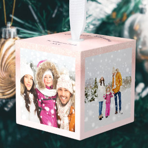 4 Familiefoto's Vrolijk Kerstfeest Keepsake Roze Kubus Ornament