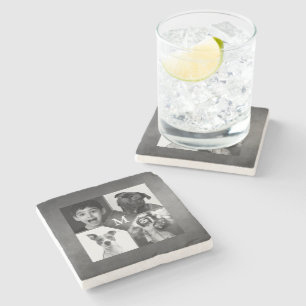 4 familiefoto's Zwarte Witte krijtbord Monogram Stenen Onderzetter