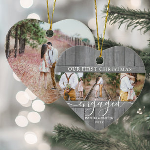 4 Foto 1st Xmas Engaged Grey Faux Heart Keramisch Ornament