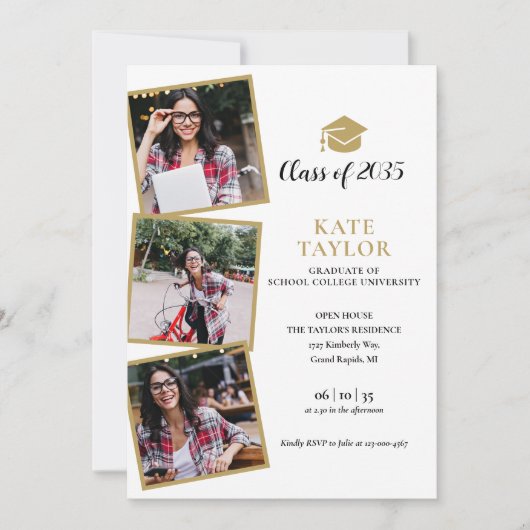 4 Foto Black and Gold Graduparty Kaart (Voorkant)