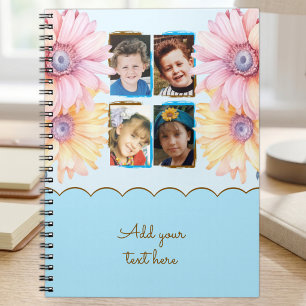 4 foto bloemen tekst blauw bruin notitieboek