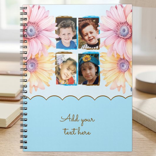 4 foto bloemen tekst blauw bruin notitieboek