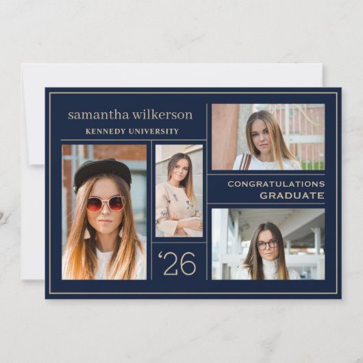4 Foto Collage Blue & Gold Congrates Afstuderen Aankondiging (Voorkant)