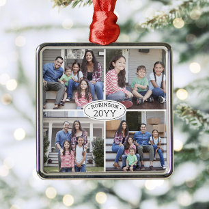 4 Foto Collage Familienaam & Jaar Eenvoudig Wit Metalen Ornament