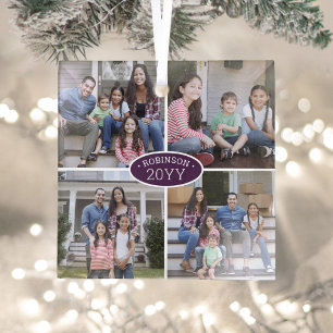 4 Foto Collage Familienaam & Jaar Paars & Wit Glas Ornament