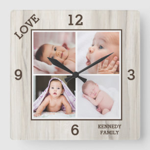4 Foto Collage Familienaam Love Natural Wood   Vierkante Klok