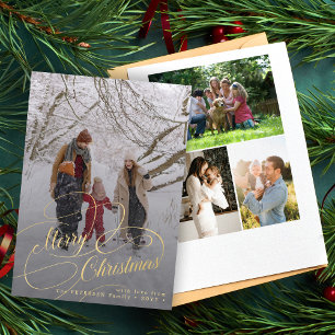 4 foto collage goud Merry Christmas script Feestdagenkaart