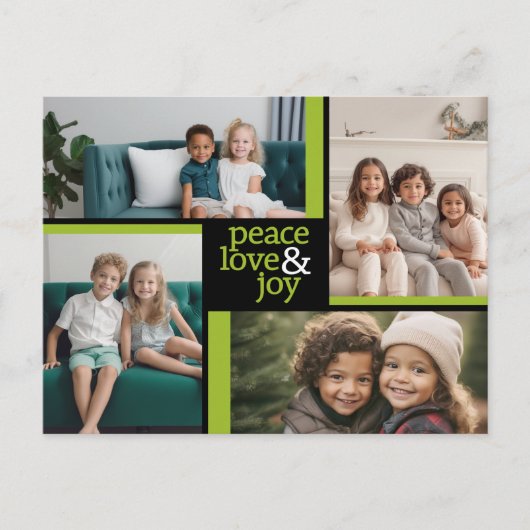 4 Foto collage green black Peace Love Joy Feestdagenkaart (Voorkant)