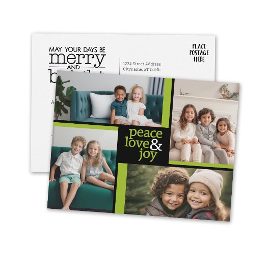 4 Foto collage green black Peace Love Joy Feestdagenkaart