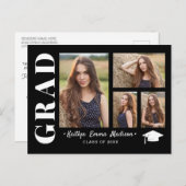 4 Foto Collage Modern Script Black & White Afstude Briefkaart (Voorkant / Achterkant)