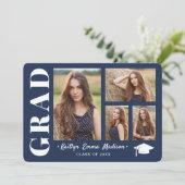 4 Foto Collage Modern Script Navy Blue Afstudeerde Aankondiging (Staand voorkant)