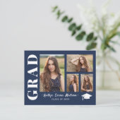 4 Foto Collage Modern Script Navy Blue Afstudeerde Briefkaart (Staand voorkant)
