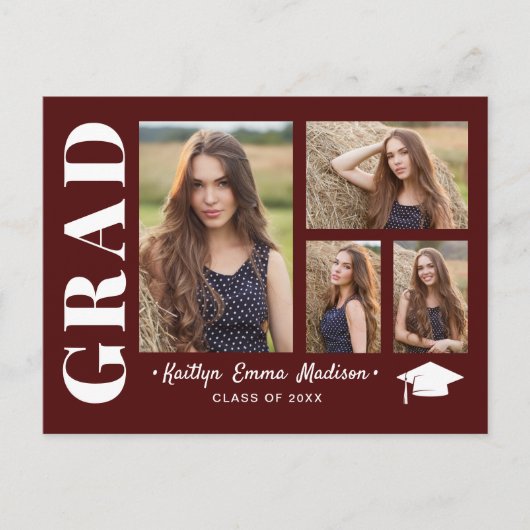 4 Foto Collage Modern Script Red Afstudeerder Briefkaart (Voorkant)