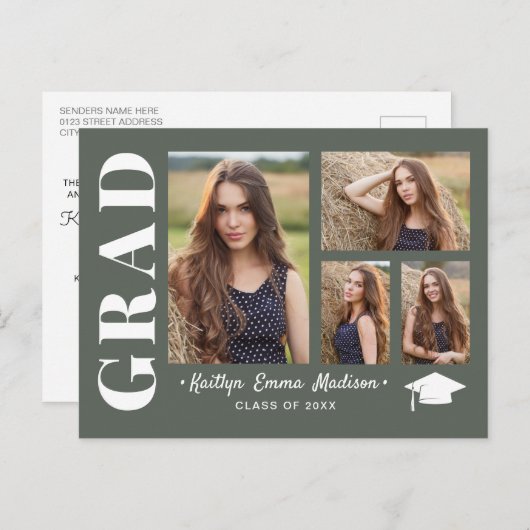 4 Foto Collage Modern Script Sage Green Afstudeerd Briefkaart (Voorkant / Achterkant)