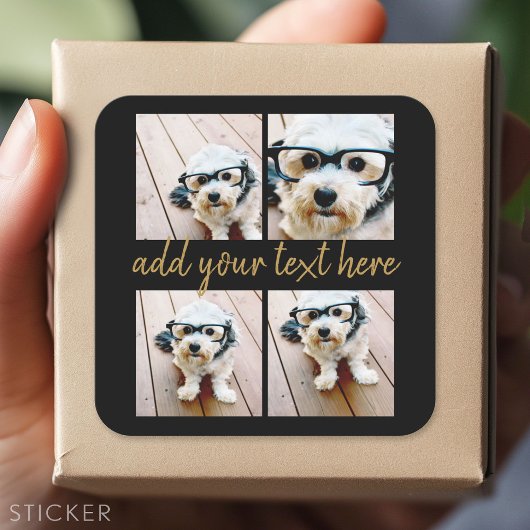 4 Foto collage - Moderne Gold Script-tekst Vierkante Sticker