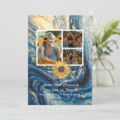 4 Foto Collage Navy Blue Sunflower afstuderen Aankondiging (Staand voorkant)
