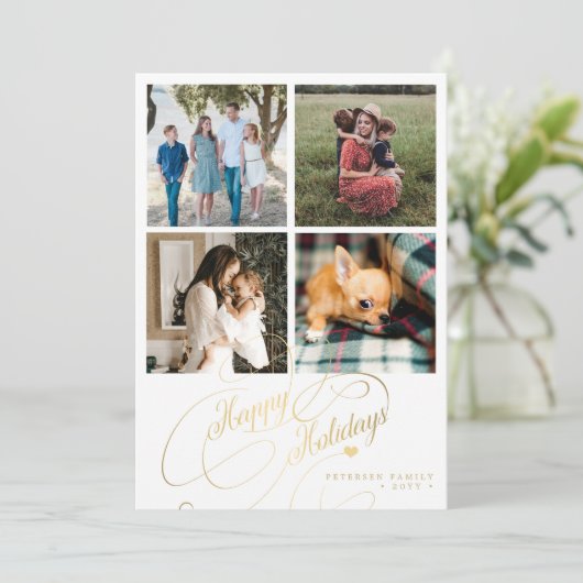4 foto collage Prettige feestdagen elegant script Feestdagenkaart (Staand voorkant)