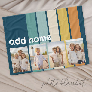 4 foto collage retro streep - blauw en goud fleece deken