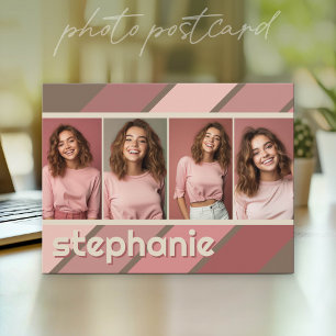 4 foto-collage retro streep - roze mauve briefkaart