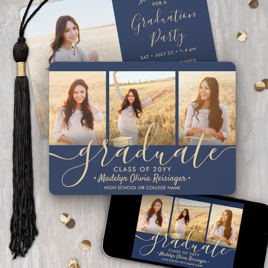 4 Foto-Collage Script Navy Gold Graduparty Kaart
