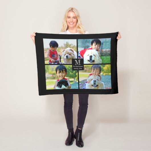 4 Foto Gepersonaliseerd collage met monogram Fleece Deken (In situ)