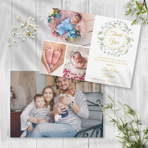 4 Foto Groene Bloemen Goud Bedankt Baby Geboorte Aankondiging