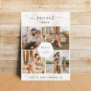 4 Foto Koppelcollage & Roze Blush Bloem Bruiloft Save The Date