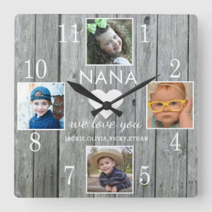  4 Foto Rustic Gray Wood Love You Nana Grandchildr Vierkante Klok