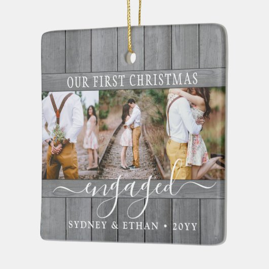 4 Foto Verloving 1e kerstgrijs faux hout Keramisch Ornament (Links)