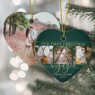 4 Foto voor eerste kerstmis met groen & gouden har Keramisch Ornament