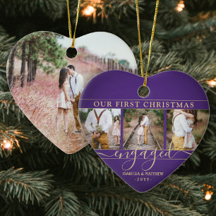 4 Foto voor eerste kerstmis met Paars Gold Heart Keramisch Ornament