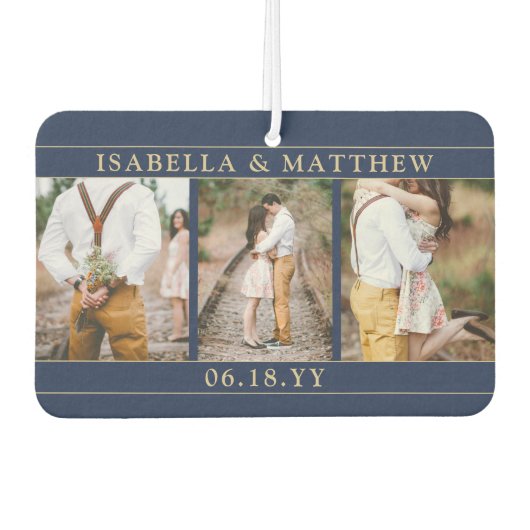 4 Fotobruiloft Collage Navy Blue & Gold Heart Luchtverfrisser (Voorkant)