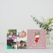 4 Fotocollage Aangepaste naam Rode Kerstmis Kous Feestdagenkaart (Staand voorkant)