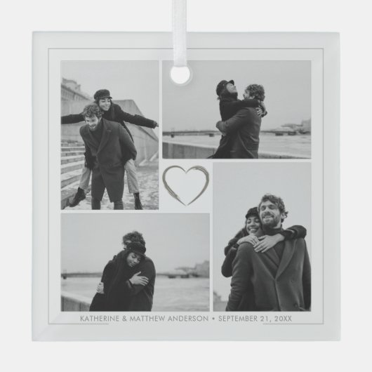 4 Fotocollage Bruiloft Jubileum Naam & Datum Glas Ornament (Voorkant)