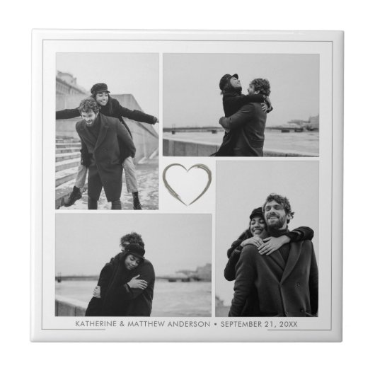 4 Fotocollage Bruiloft Jubileum Naam & Datum Tegeltje (Voorkant)