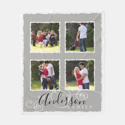 4 Fotocollage Voeg familienaam toe Grijs Medium Fleece Deken (Voorkant)