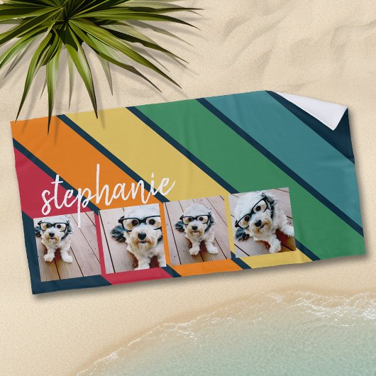 4 Fotoretro stripe patroon regenboogscriptnaam Strandlaken